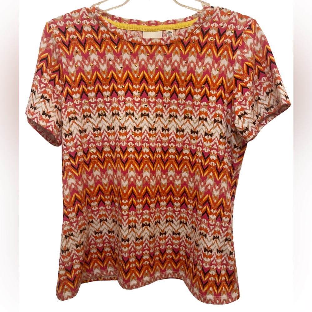 Rafaella Womens Gold Sparkle Multicolored Short Sleeve Top Size SP